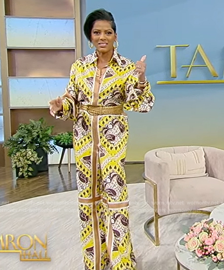 Tamron's yellow printed silk jumpsuit on Tamron Hall Show