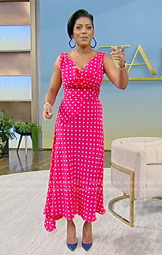 Tamron's pink polka dot drape dress on Tamron Hall Show