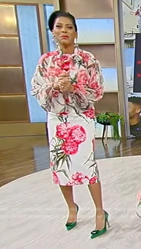 Tamron's white floral print blouse and skirt on Tamron Hall Show