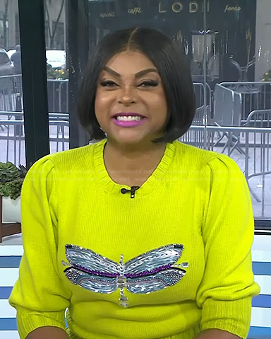 Taraji P. Henson's yellow embellished dragonfly sweater on Today