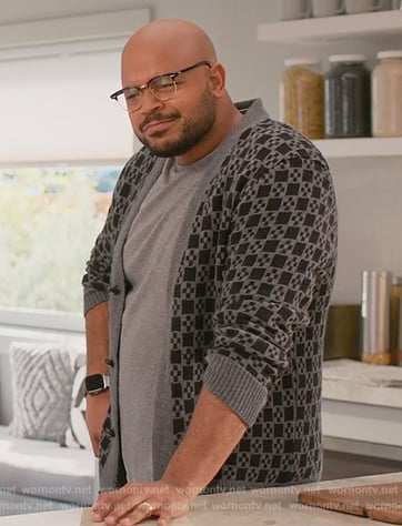 Wyatt's gray checkerboard print cardigan on Grand Crew