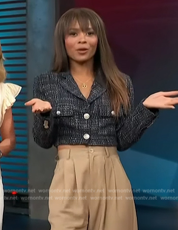 Zuri's black tweed cropped jacket on Access Hollywood