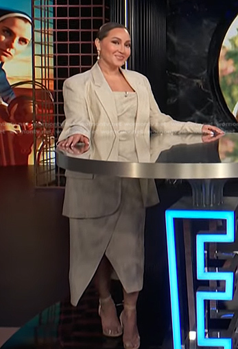Adrienne's beige asymmetric dress and blazer on E! News