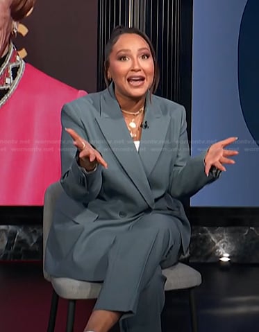 Adrienne's blue double breasted blazer and pants on E! News