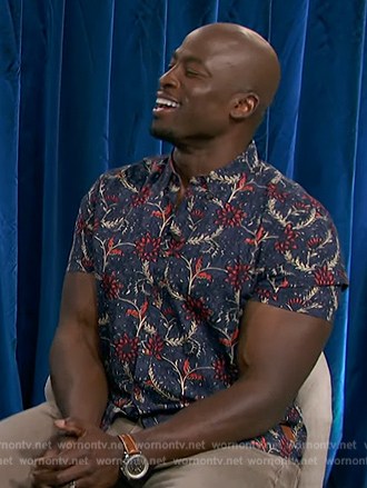 Akbar's navy floral print shirt on The Talk