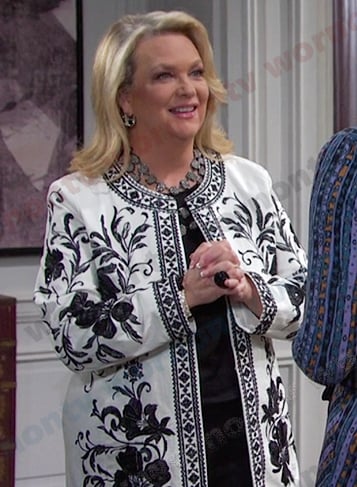 Anna's white and black floral embroidered jacket on Days of our Lives