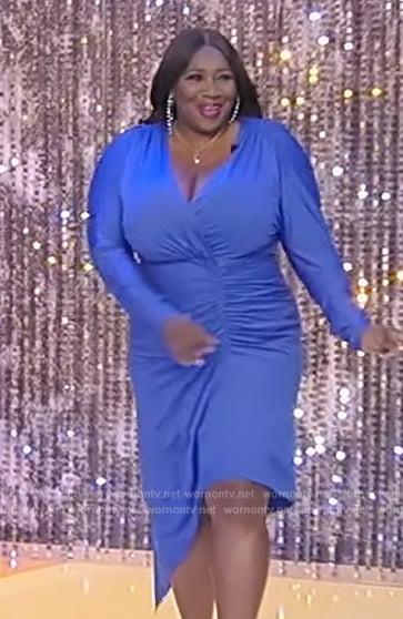 Bevy Smith's blue satin wrap dress on Tamron Hall Show