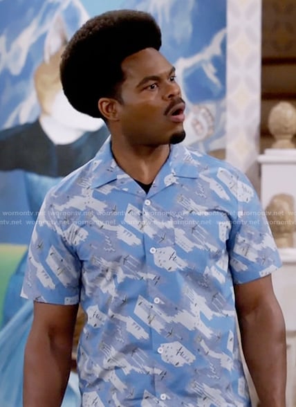 Carter's blue abstract print shirt on Call Me Kat