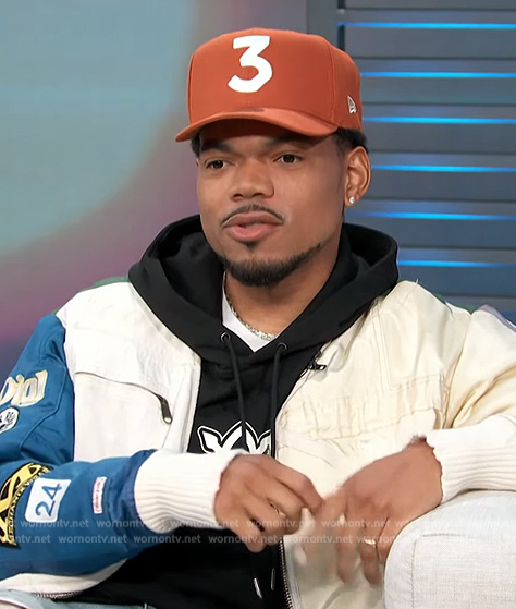 Chance the Rapper's patchwork utility jacket on Access Hollywood
