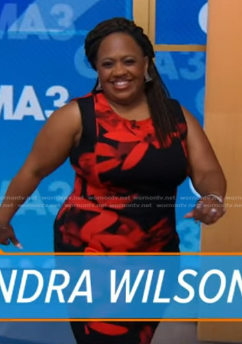 Chandra Wilson's black and red floral sleeveless dress on Good Morning America