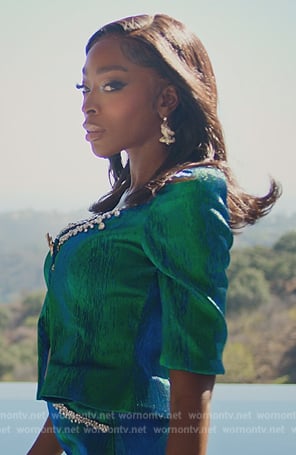 Chelsea's green metallic top and skirt on Selling Sunset