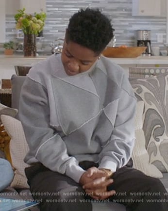 Coop's gray colorblock patch sweatshirt on All American