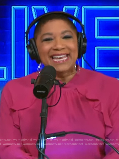 Deja Vu's pink ruffle trim dress on Live with Kelly and Mark