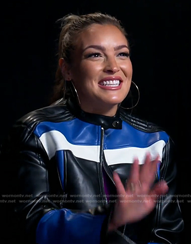 Emily Orozco's black colorblock leather jacket on E! News