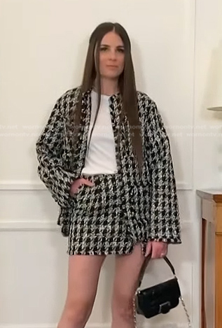 Erica Wark's black plaid tweed jacket and skirt on Access Hollywood