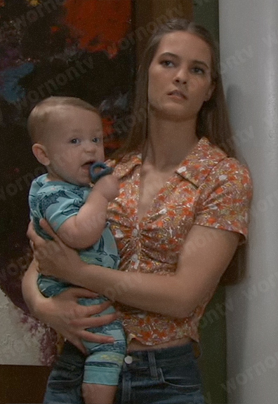 Esme's orange floral button front top on General Hospital