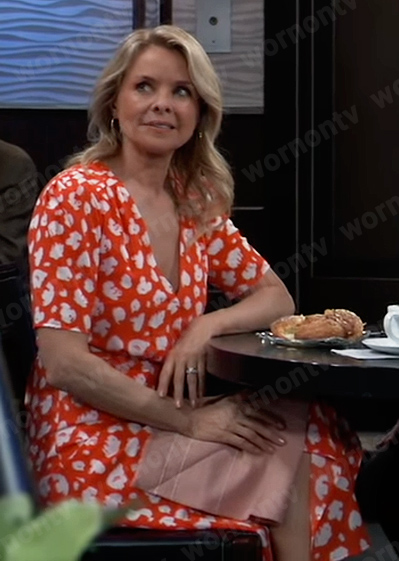 Felicia's orange and white dot print midi dress on General Hospital