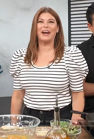 Gail Simmon's stripe puff sleeve top on Access Hollywood