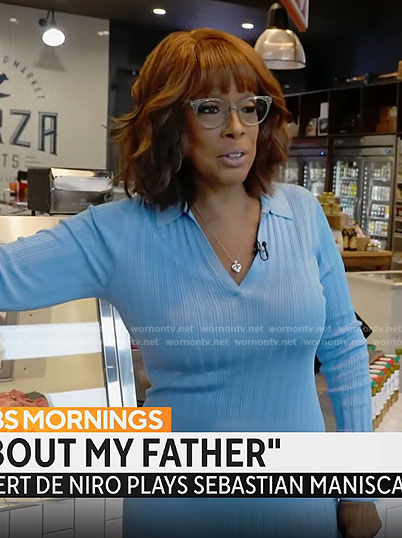 Gayle King's blue knit polo dress on CBS Mornings