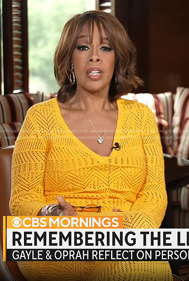 Gayle King's orange pointelle knit dress on CBS Mornings