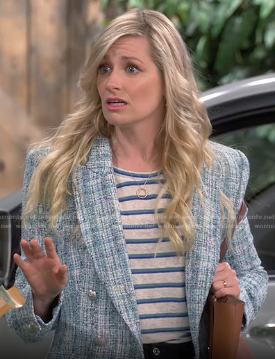 Gemma's blue tweed blazer and striped tee on The Neighborhood