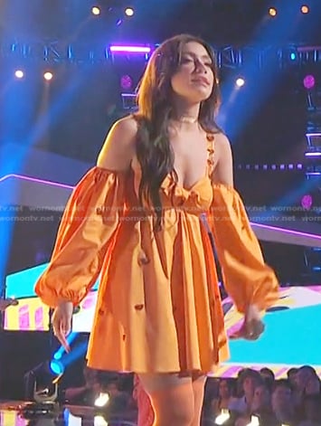 Gina Miles's orange off-shoulder mini dress on The Voice