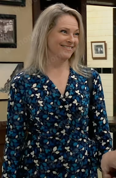 Gladys's blue leaf print wrap dress on General Hospital