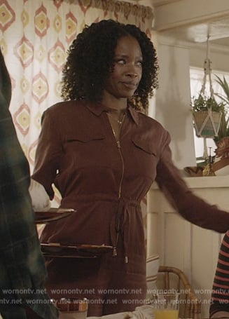 Grace's brown zip front jumpsuit on All American