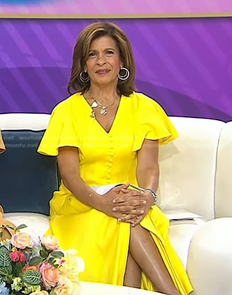 Hoda's yellow button front dress and hoop earrings on Today
