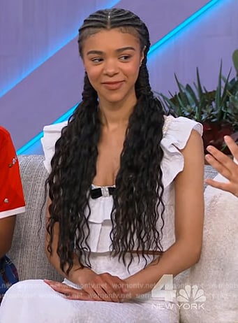 India Amarteifio's white ruffle crop top and skirt on The Kelly Clarkson Show