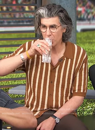 James Lance's brown striped wool polo shirt on Access Hollywood