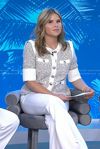 Jenna's knit short sleeve cardigan and white flare pants on Today