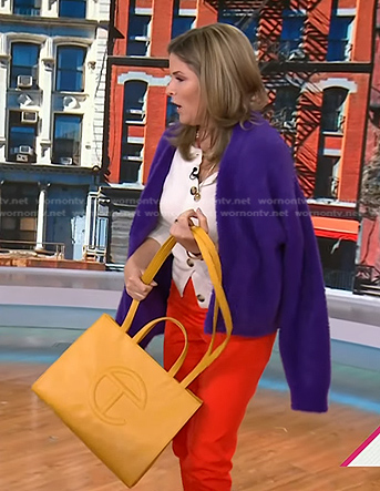 Jenna's purple cardigan and orange tote bag on Today