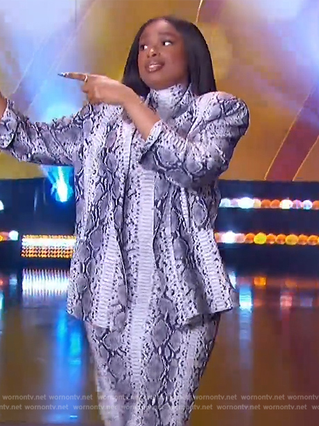 Jennifer's gray snake print dress and blazer on The Jennifer Hudson Show