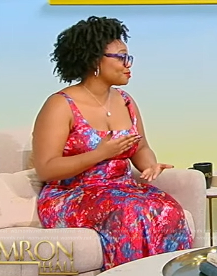 Jessica Cruel's red floral print sleeveless dress on Tamron Hall Show