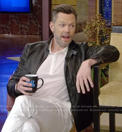 Joel McHale's black leather jacket on Live with Kelly and Mark