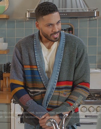 Jordan's gray striped denim trim cardigan on All American