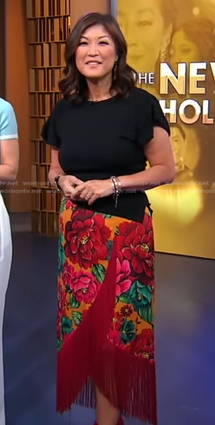 Juju's red floral fringed skirt on Good Morning America
