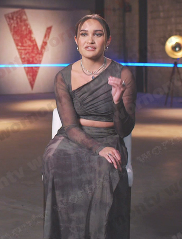 Kala Banham's tie dye ruched top and skirt on The Voice