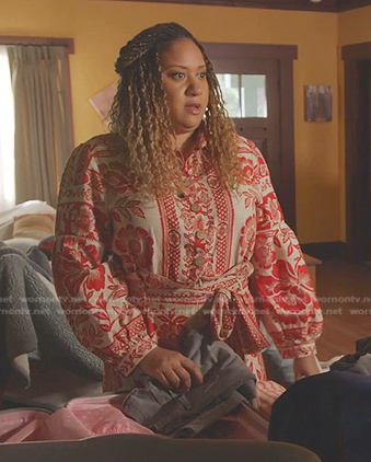 Karen's red floral print jumpsuit on 9-1-1