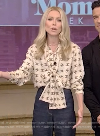 Kelly's printed tie neck blouse on Live with Kelly and Mark
