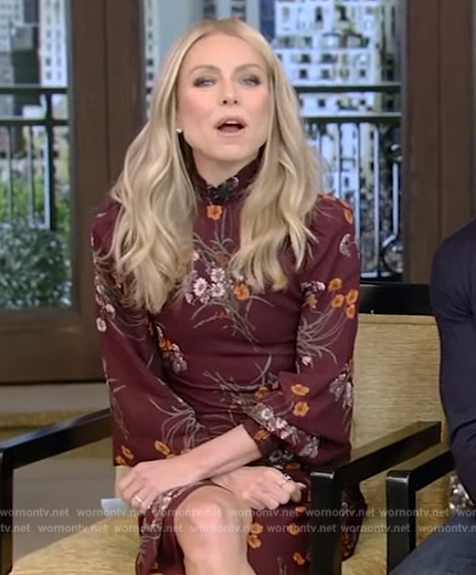 Kelly's burgundy floral print dress on Live with Kelly and Mark