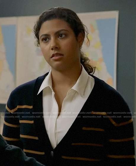 Kylie's navy striped cardigan on Chicago Fire