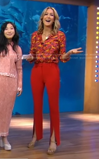 Lara's red animal print shirt and slit pants on Good Morning America