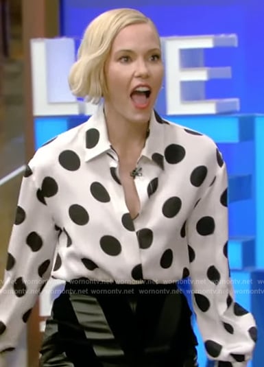 Leslie Bibb's white polka dot blouse on Live with Kelly and Mark