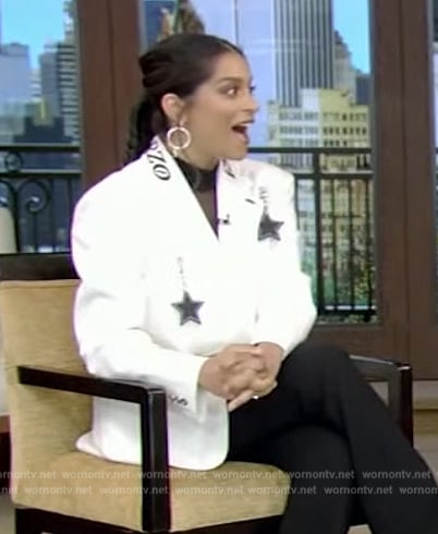 Lilly Singh's white star print blazer on Live with Kelly and Mark