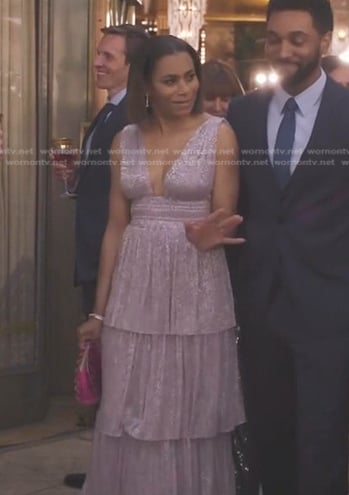 Maggie's metallic plunge neck tiered dress on Greys Anatomy