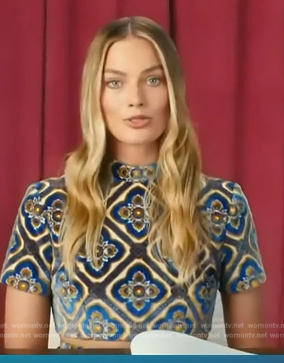 Margot Robbie's printed velvet top on Access Hollywood