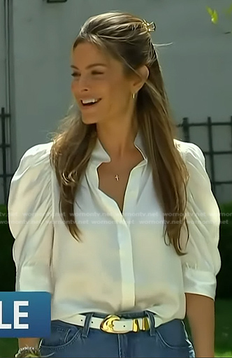 Maria Menounos's satin ruched sleeve blouse on Access Hollywood