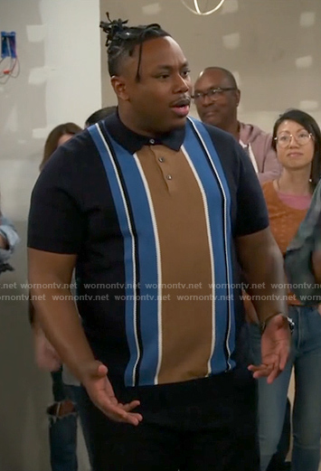 Marty's blue and navy striped polo shirt on The Neighborhood